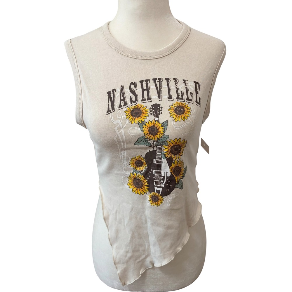 NEW Nashville Sunflower Guitar Tank Top Size Medium Beige Graphic Tee - Picture 2 of 8